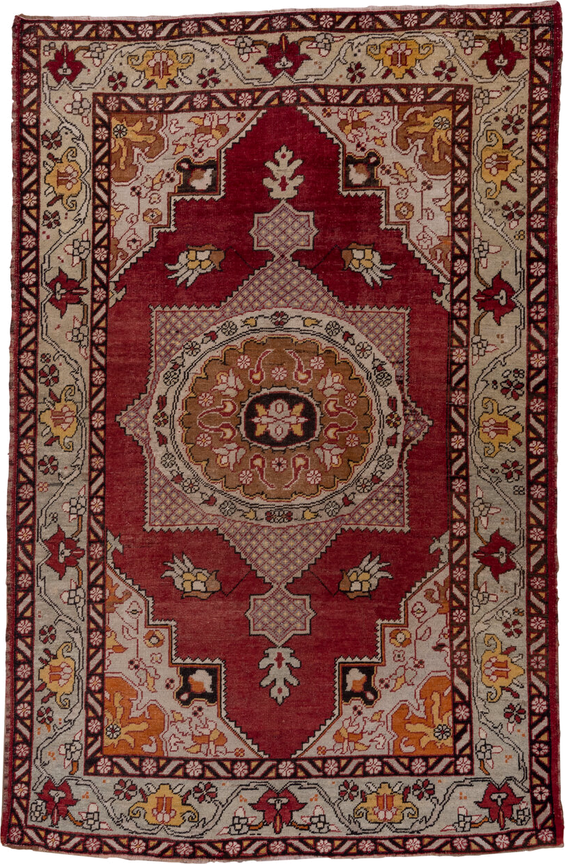 6' x 9' one-of-a-kind handmade vintage Oushak medium size rug. Color palette: rust, ivory, gold, burgundy, blush, charcoal