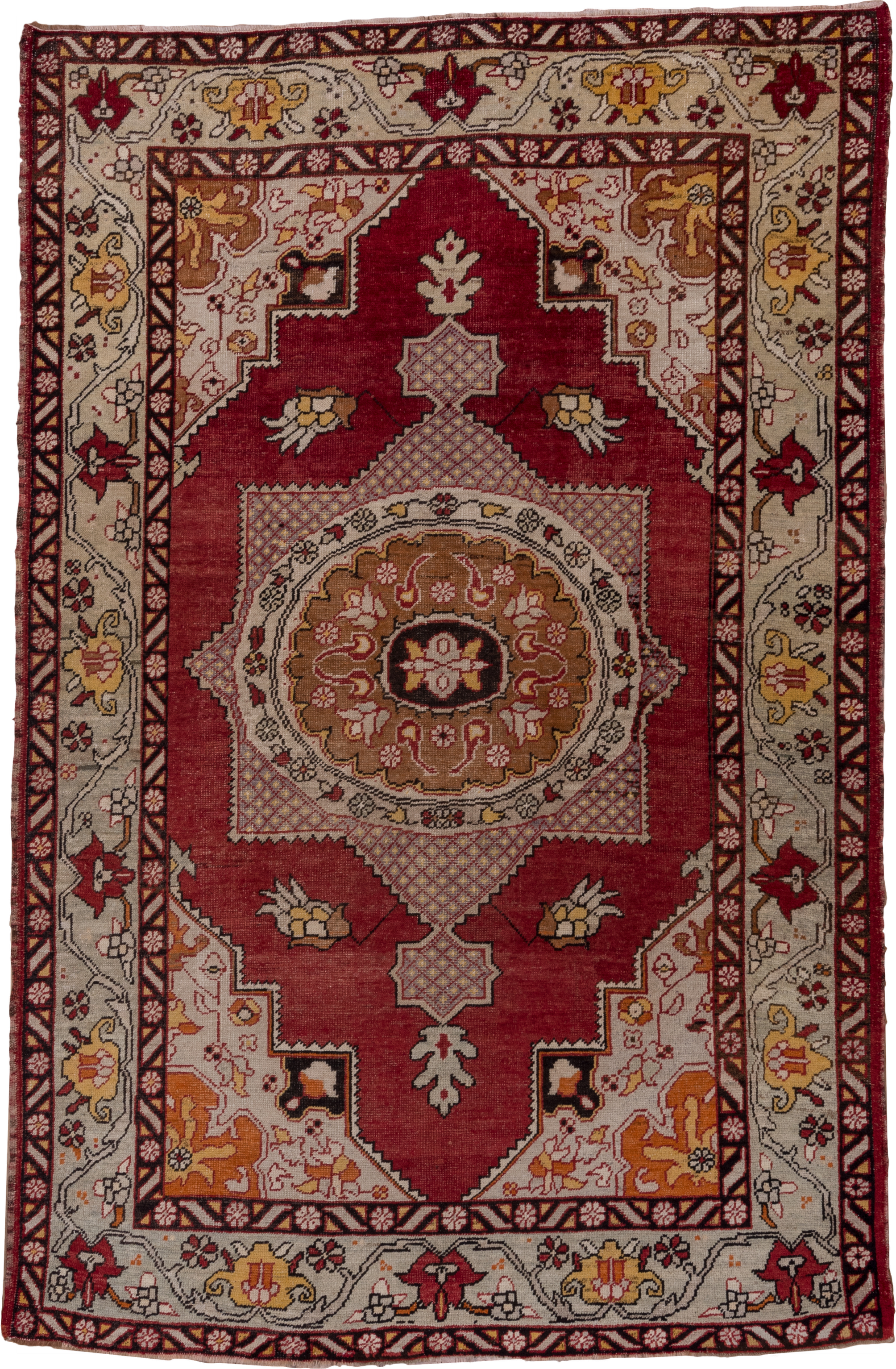 6' x 9' one-of-a-kind handmade vintage Oushak medium size rug. Color palette: rust, ivory, gold, burgundy, blush, charcoal