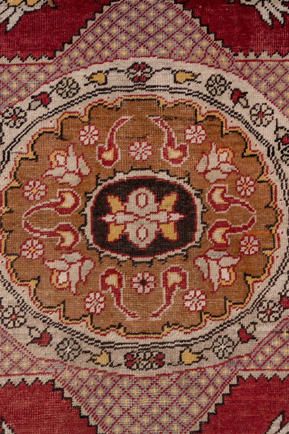6' x 9' one-of-a-kind handmade vintage Oushak medium size rug. Color palette: rust, ivory, gold, burgundy, blush, charcoal