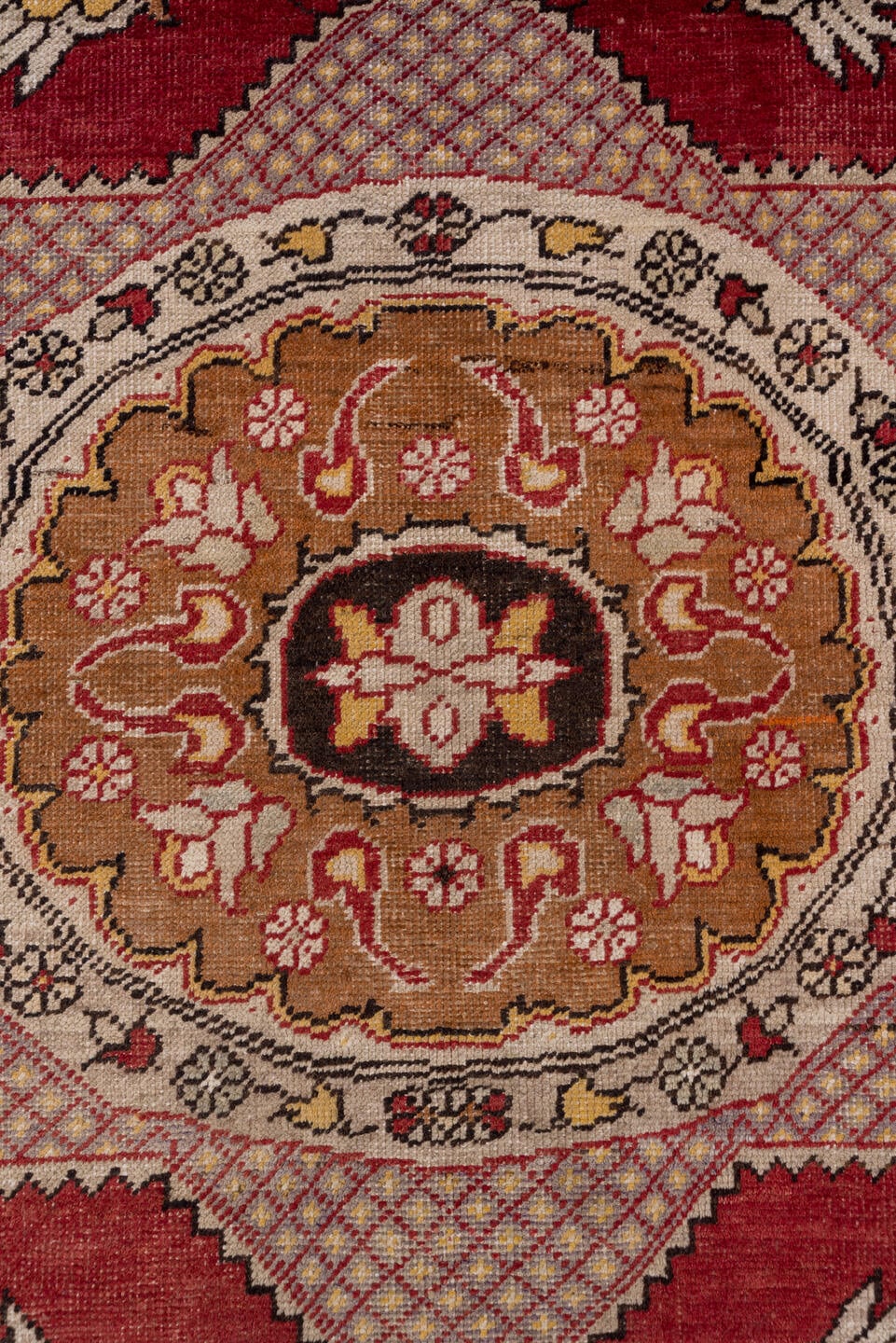 6' x 9' one-of-a-kind handmade vintage Oushak medium size rug. Color palette: rust, ivory, gold, burgundy, blush, charcoal