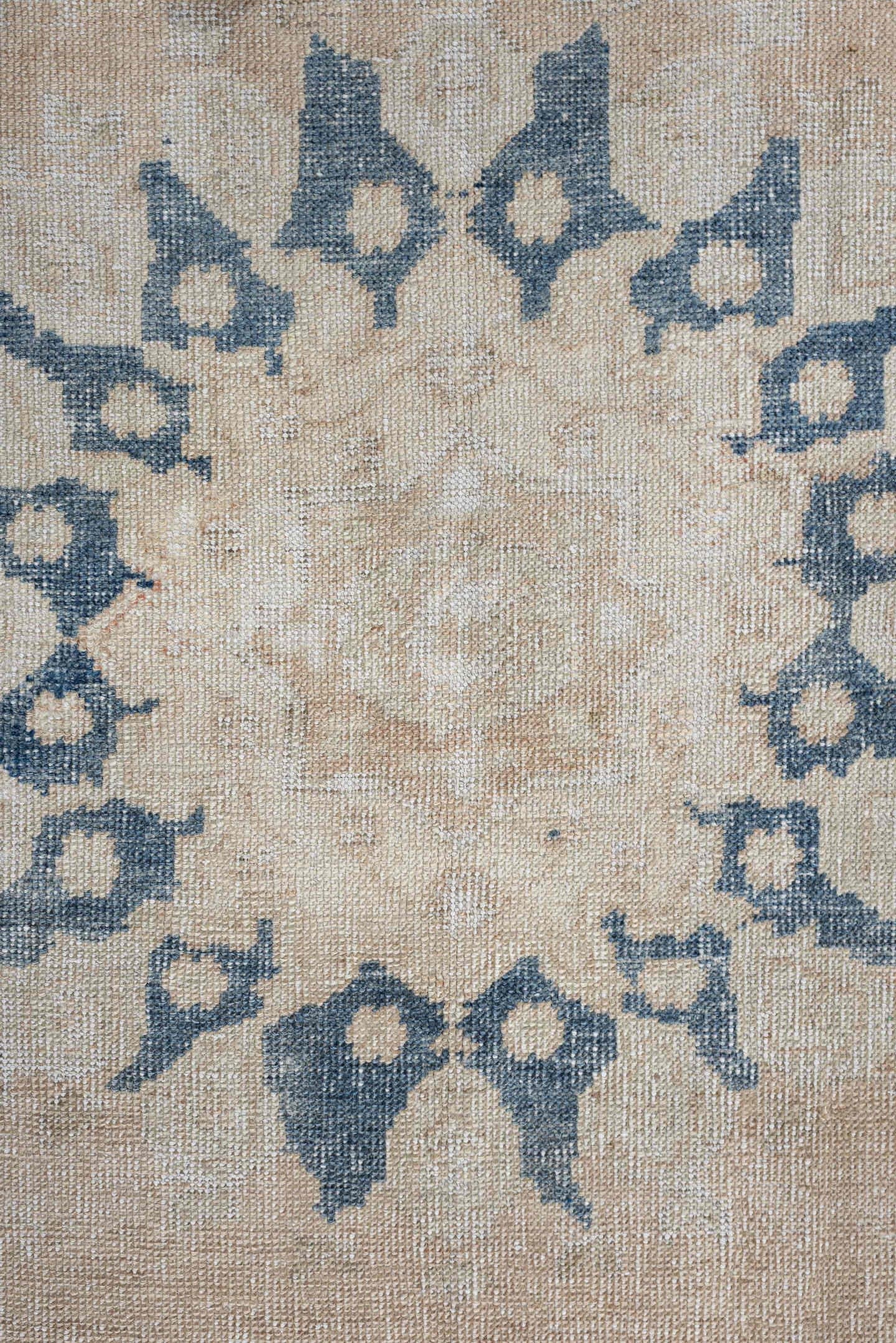 4' x 6' one-of-a-kind handmade antique Anatolian rug. Color palette: ivory, beige, muted blue, taupe, sand, camel, blue
