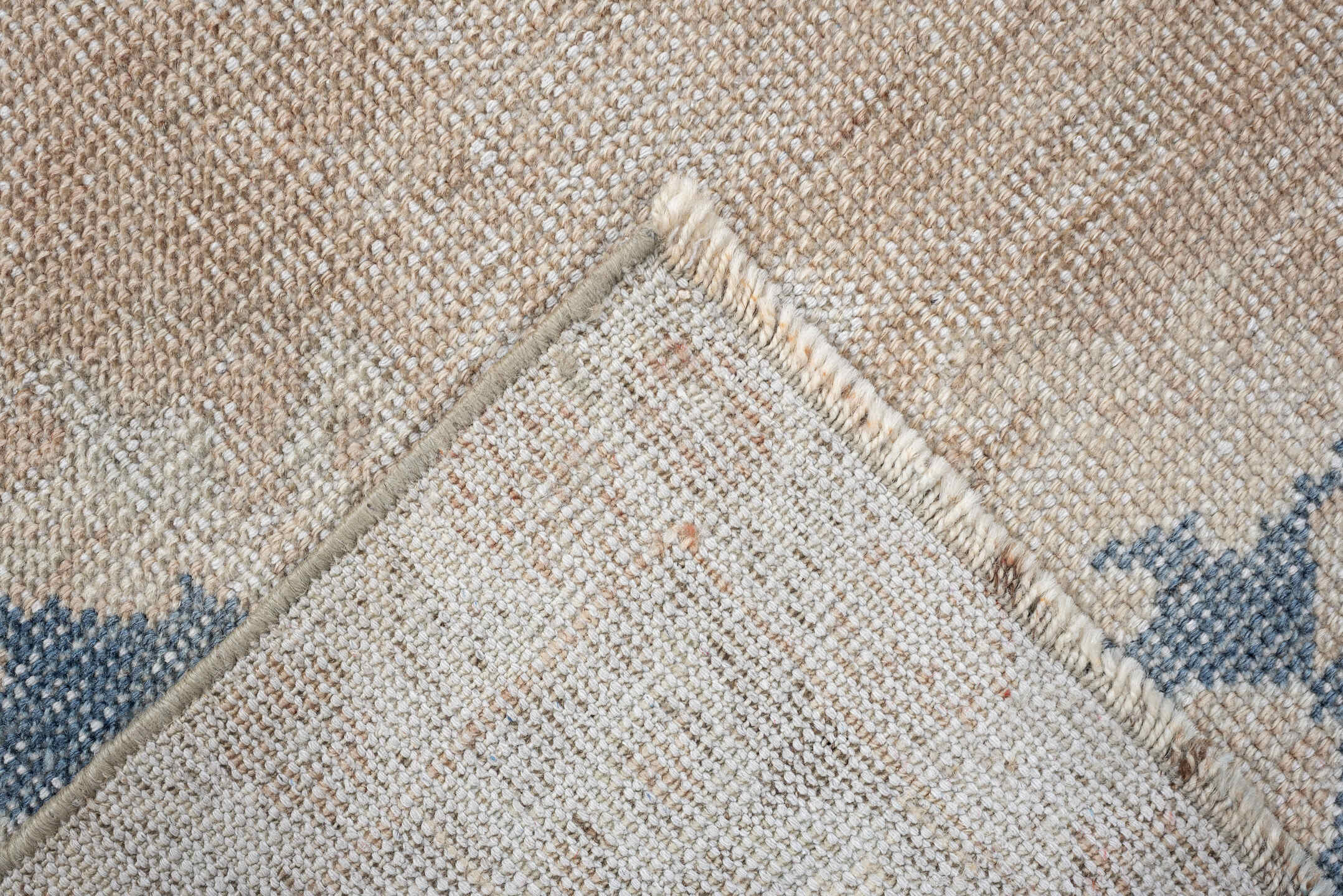 4' x 6' one-of-a-kind handmade antique Anatolian rug. Color palette: ivory, beige, muted blue, taupe, sand, camel, blue