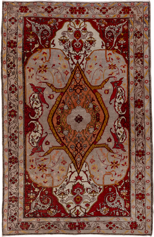 4' x 7' one-of-a-kind handmade vintage Oushak rug. Color palette: ivory, rust, terracotta, crimson, gold, taupe, camel