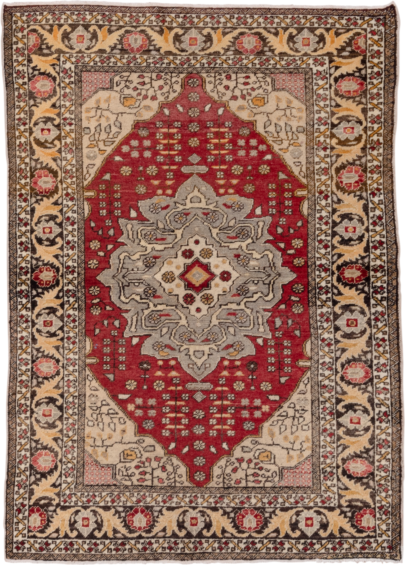 4' x 6' one-of-a-kind handmade vintage Oushak small size rug. Color palette: ivory, red, charcoal, gray, gold, rose, camel