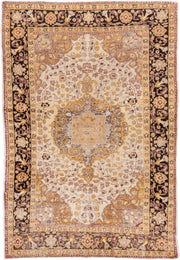4' x 7' one-of-a-kind handmade vintage Oushak rug. Color palette: ivory, gold, brown, taupe, rose, camel, charcoal, beige