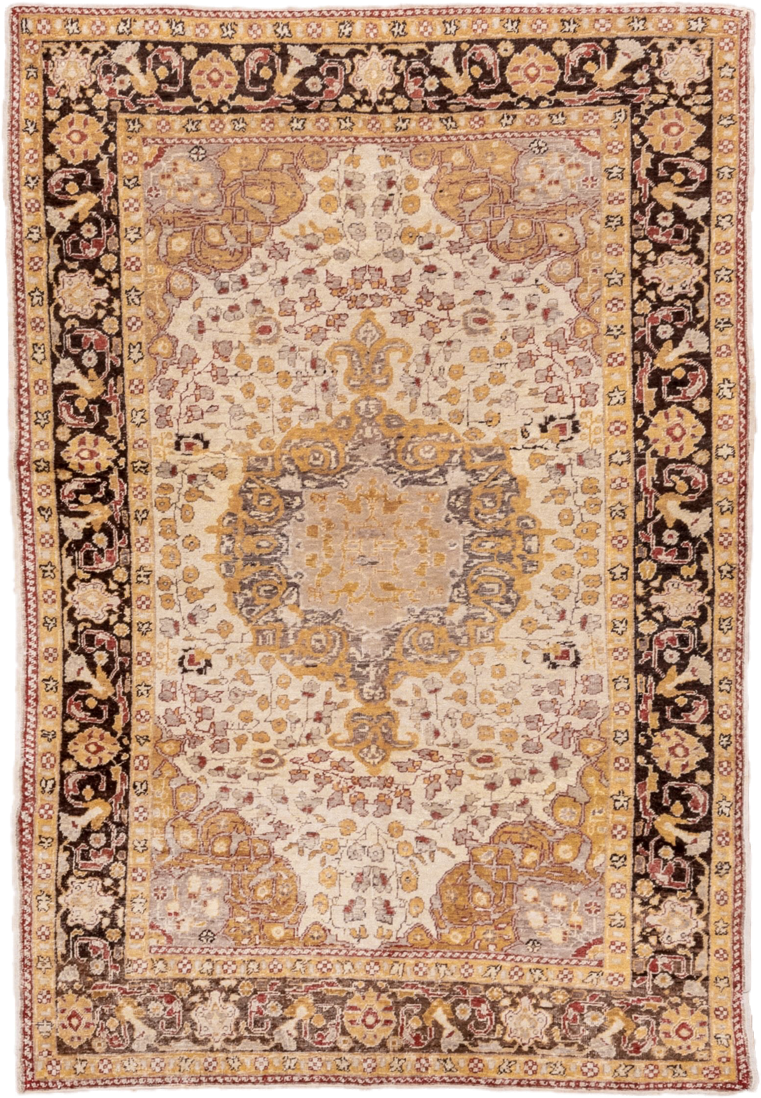 4' x 7' one-of-a-kind handmade vintage Oushak rug. Color palette: ivory, gold, brown, taupe, rose, camel, charcoal, beige