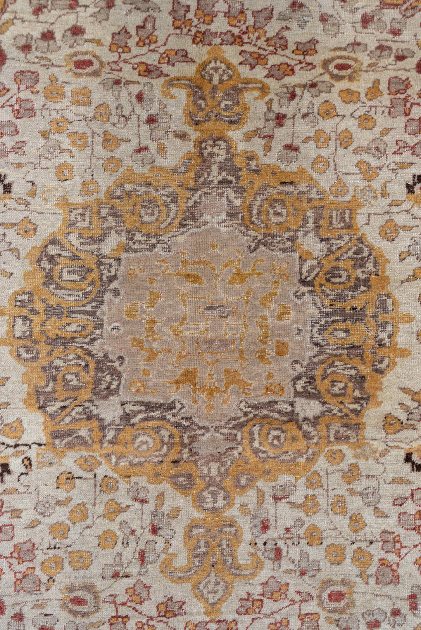 4' x 7' one-of-a-kind handmade vintage Oushak rug. Color palette: ivory, gold, brown, taupe, rose, camel, charcoal, beige