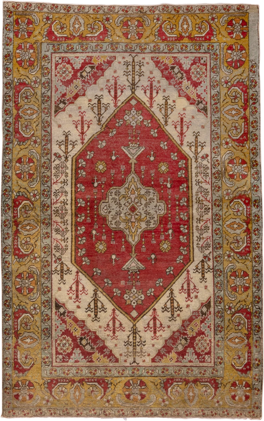 3' x 6' one-of-a-kind handmade vintage Oushak small size rug. Color palette: gold, ivory, terra cotta, rust, sage, brown