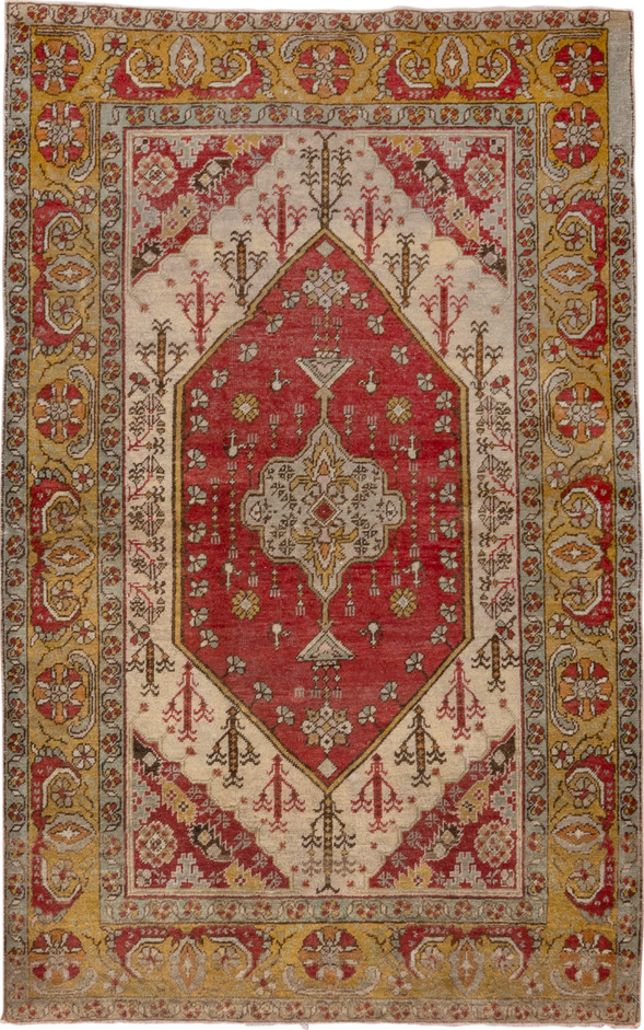3' x 6' one-of-a-kind handmade vintage Oushak small size rug. Color palette: gold, ivory, terra cotta, rust, sage, brown