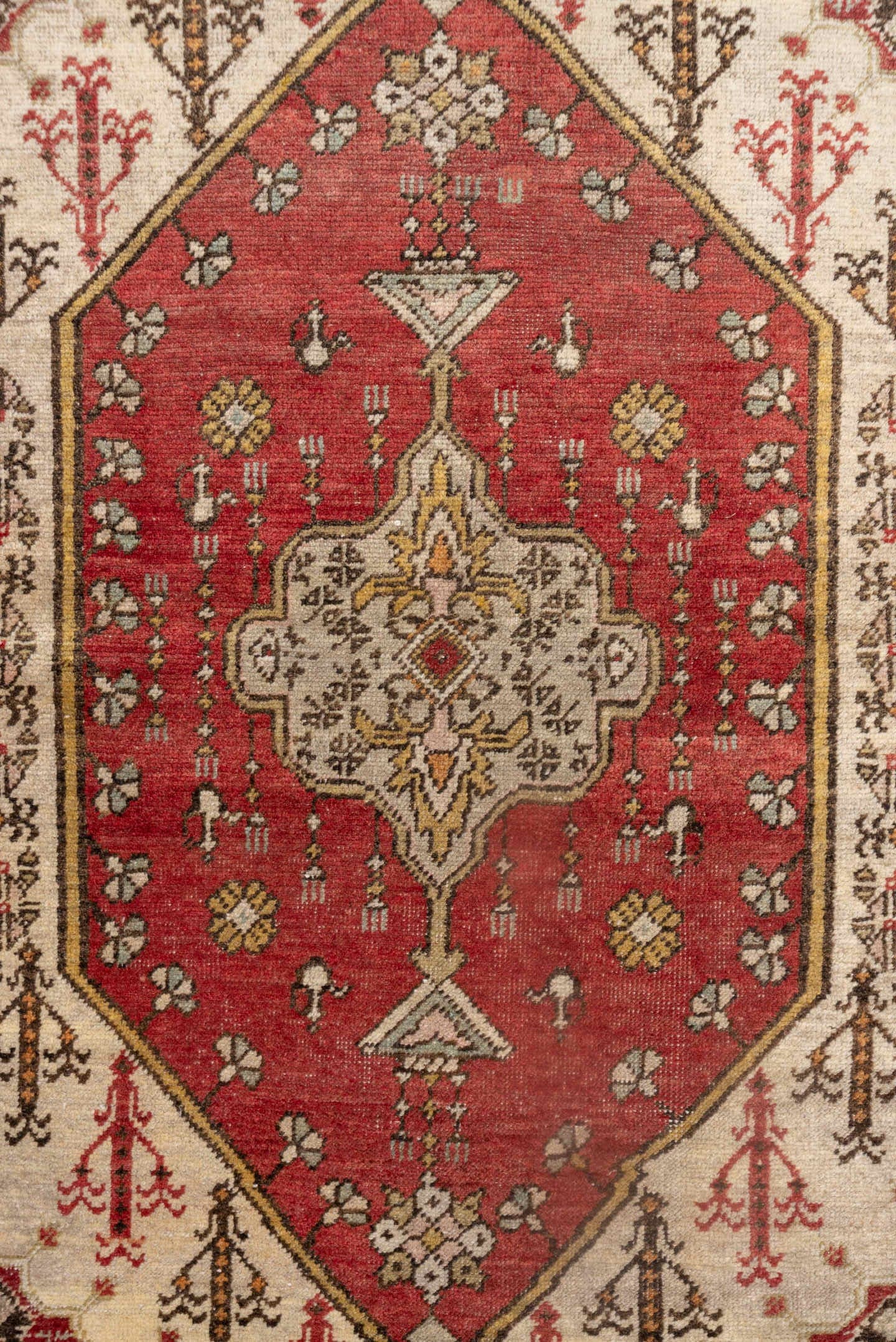 3' x 6' one-of-a-kind handmade vintage Oushak small size rug. Color palette: gold, ivory, terra cotta, rust, sage, brown