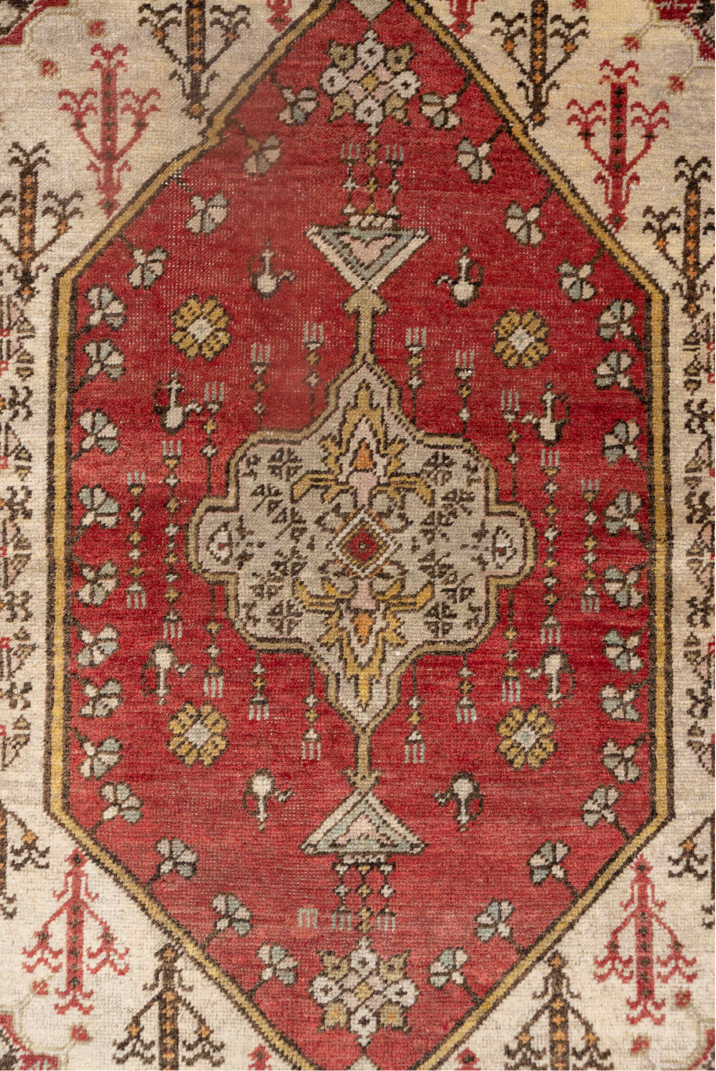 3' x 6' one-of-a-kind handmade vintage Oushak small size rug. Color palette: gold, ivory, terra cotta, rust, sage, brown