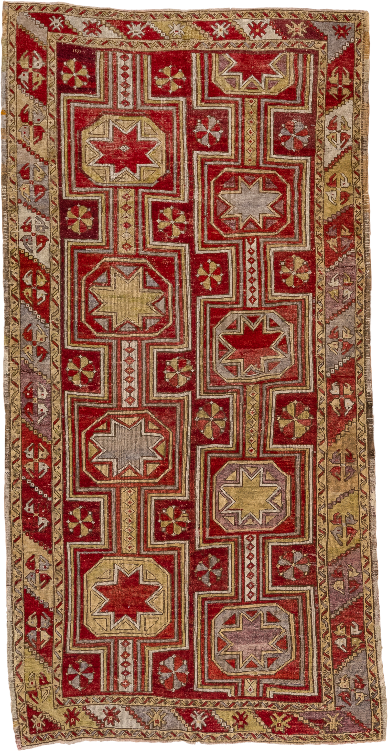 4' x 9' one-of-a-kind handmade vintage Oushak rug. Color palette: red, ivory, taupe, lavender, rust, gold, brown, beige