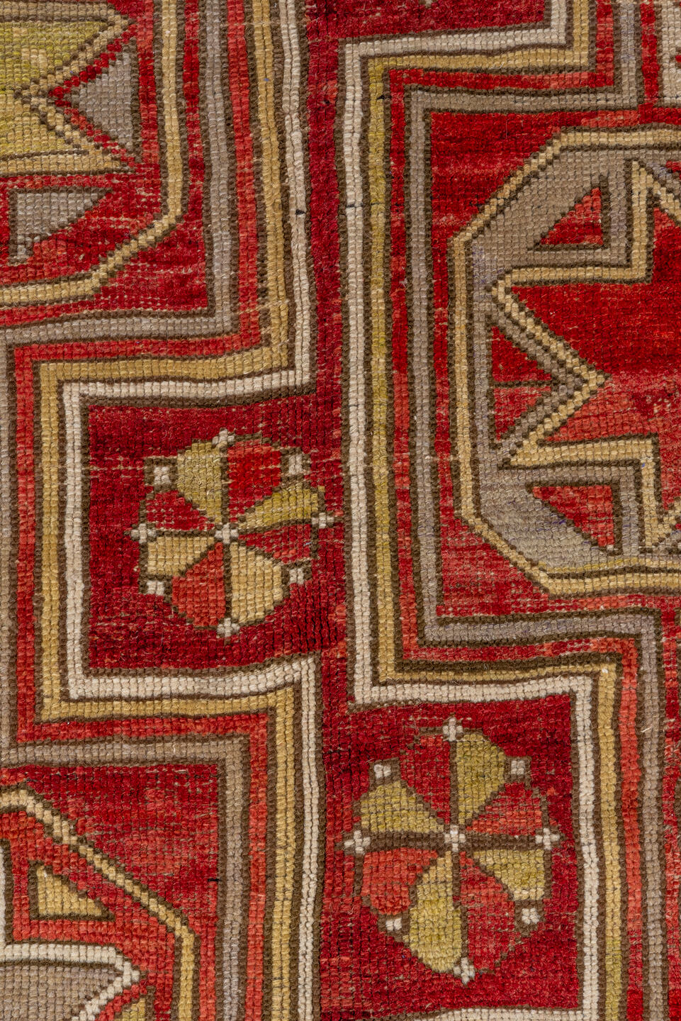4' x 9' one-of-a-kind handmade vintage Oushak rug. Color palette: red, ivory, taupe, lavender, rust, gold, brown, beige
