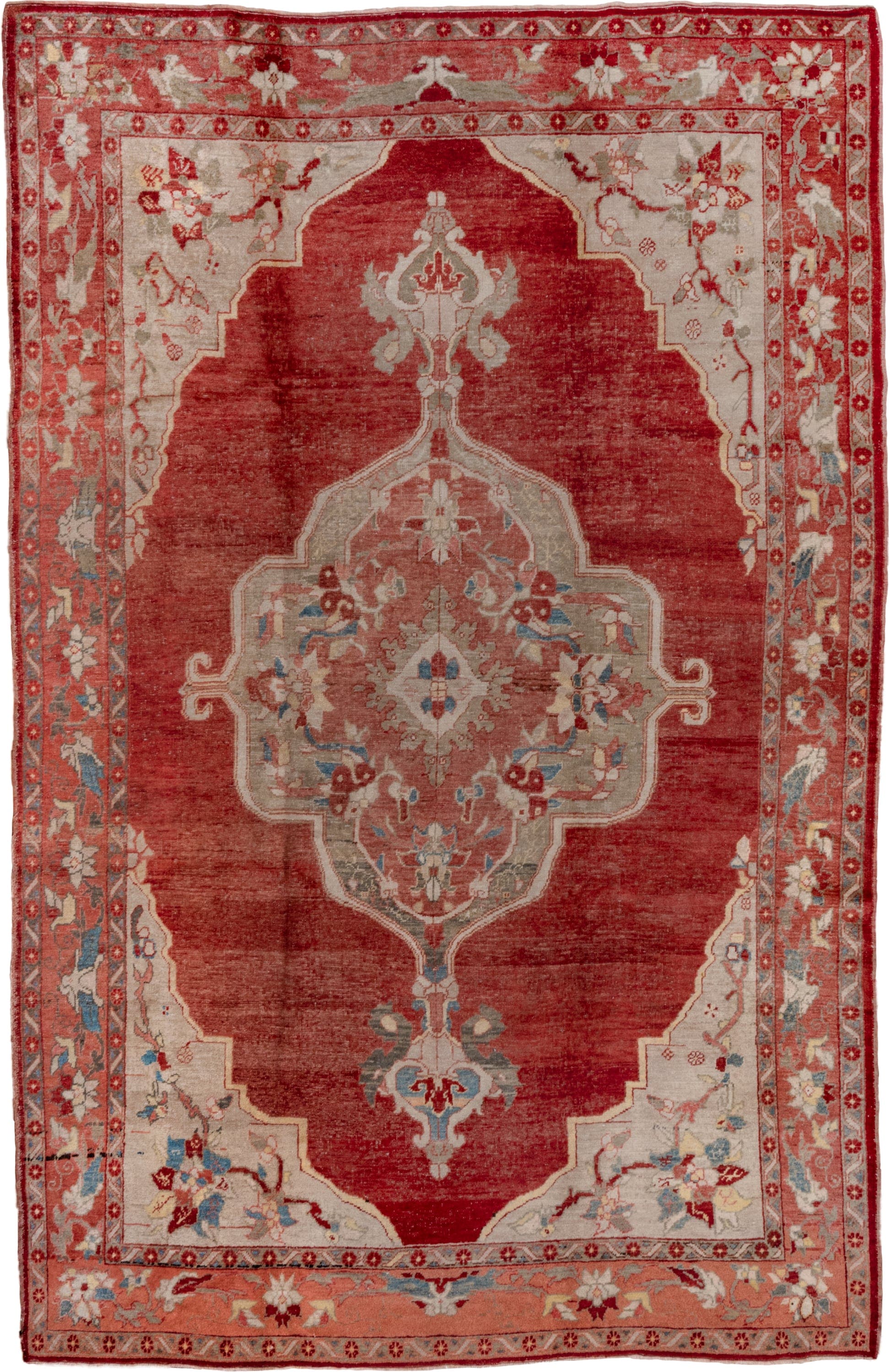 7' x 11' one-of-a-kind handmade vintage Oushak large size rug. Color palette: rust, ivory, terra cotta, muted blue, sage