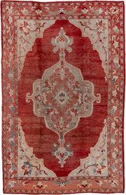 7' x 11' one-of-a-kind handmade vintage Oushak large size rug. Color palette: rust, ivory, terra cotta, muted blue, sage