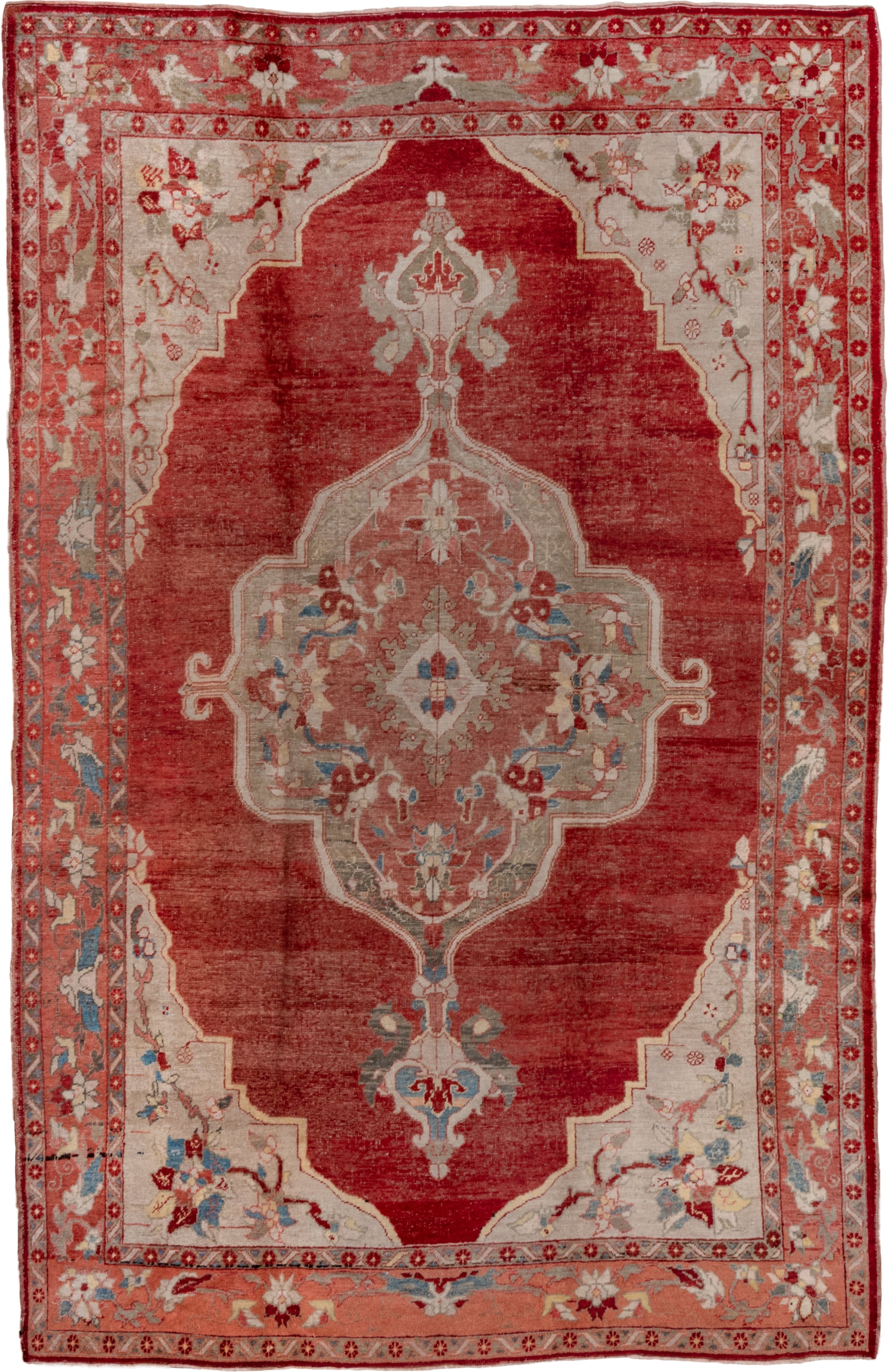 7' x 11' one-of-a-kind handmade vintage Oushak large size rug. Color palette: rust, ivory, terra cotta, muted blue, sage