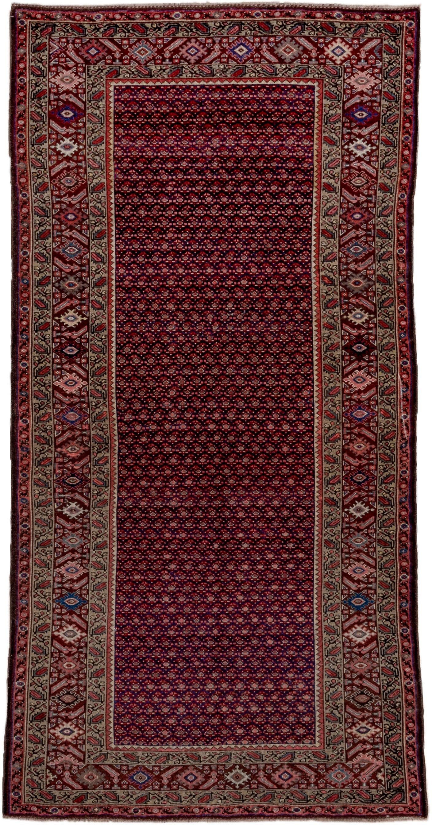 4' x 8' one-of-a-kind handmade vintage Malayer rug. Color palette: burgundy, ivory, navy, rust, rose, camel, slate, blue