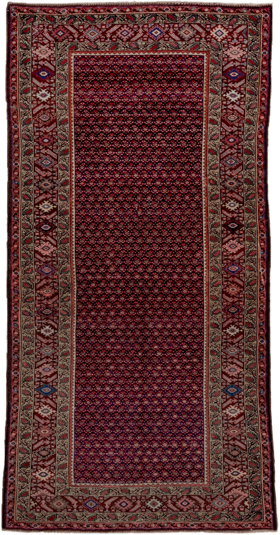 4' x 8' one-of-a-kind handmade vintage Malayer rug. Color palette: burgundy, ivory, navy, rust, rose, camel, slate, blue
