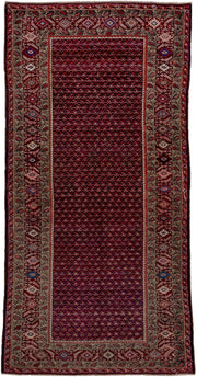 4' x 8' one-of-a-kind handmade vintage Malayer rug. Color palette: burgundy, ivory, navy, rust, rose, camel, slate, blue