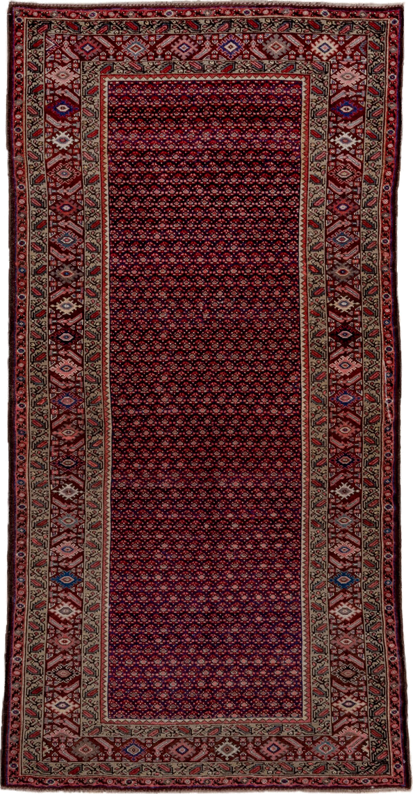 4' x 8' one-of-a-kind handmade vintage Malayer rug. Color palette: burgundy, ivory, navy, rust, rose, camel, slate, blue