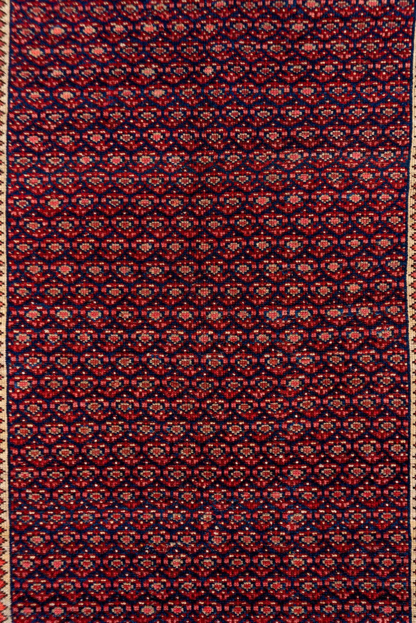 4' x 8' one-of-a-kind handmade vintage Malayer rug. Color palette: burgundy, ivory, navy, rust, rose, camel, slate, blue