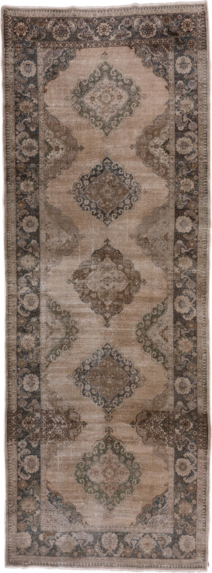5' x 13' one-of-a-kind handmade vintage Oushak runner rug. Color palette: taupe, beige, brown, slate, ivory, sage, charcoal
