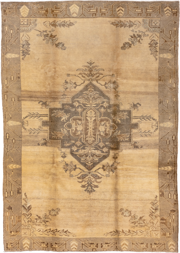 7' x 10' one-of-a-kind handmade vintage Oushak large size rug. Color palette: brown, burlywood, navajo white, off-white