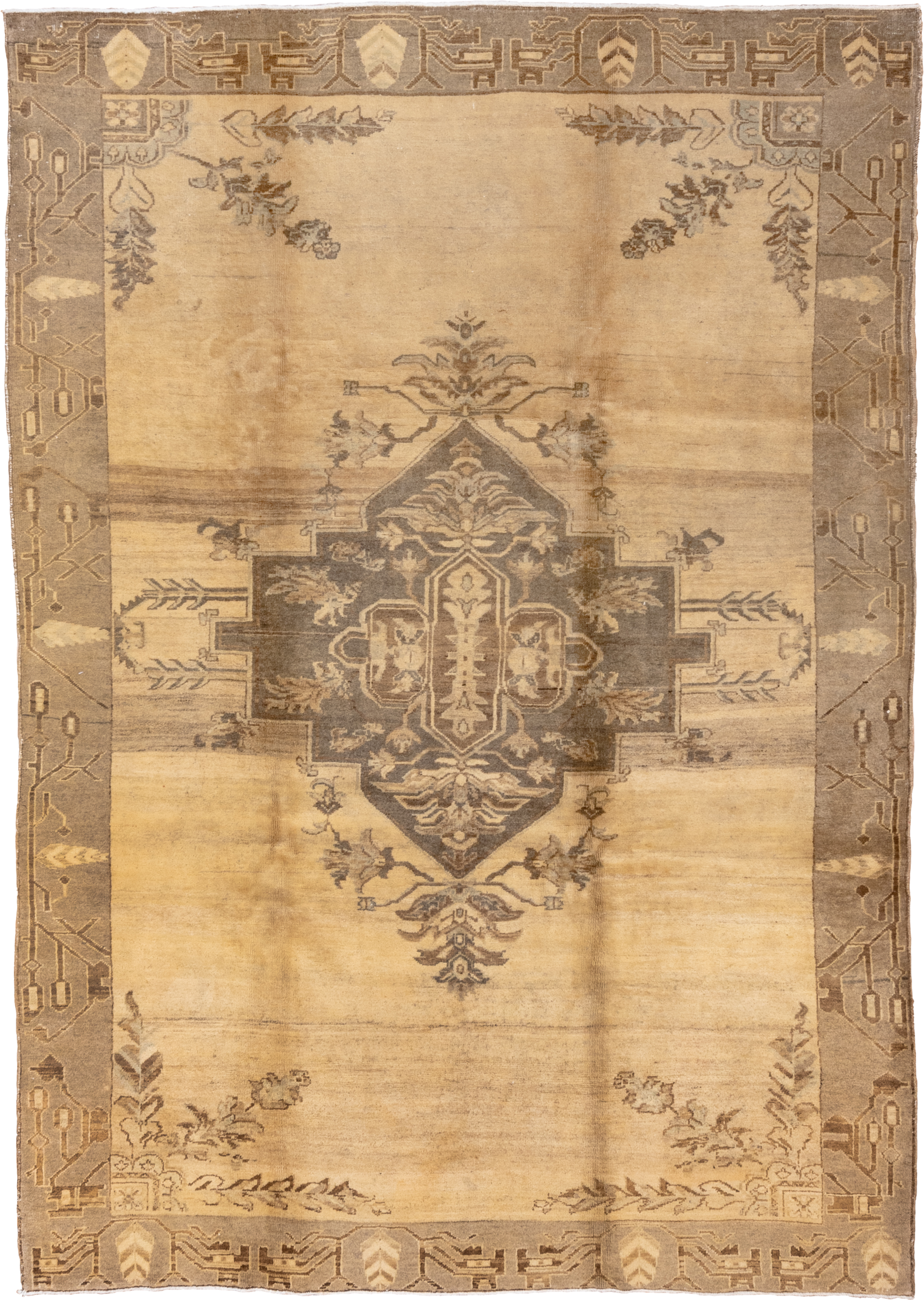 7' x 10' one-of-a-kind handmade vintage Oushak large size rug. Color palette: camel, taupe, brown, ivory, beige, gray