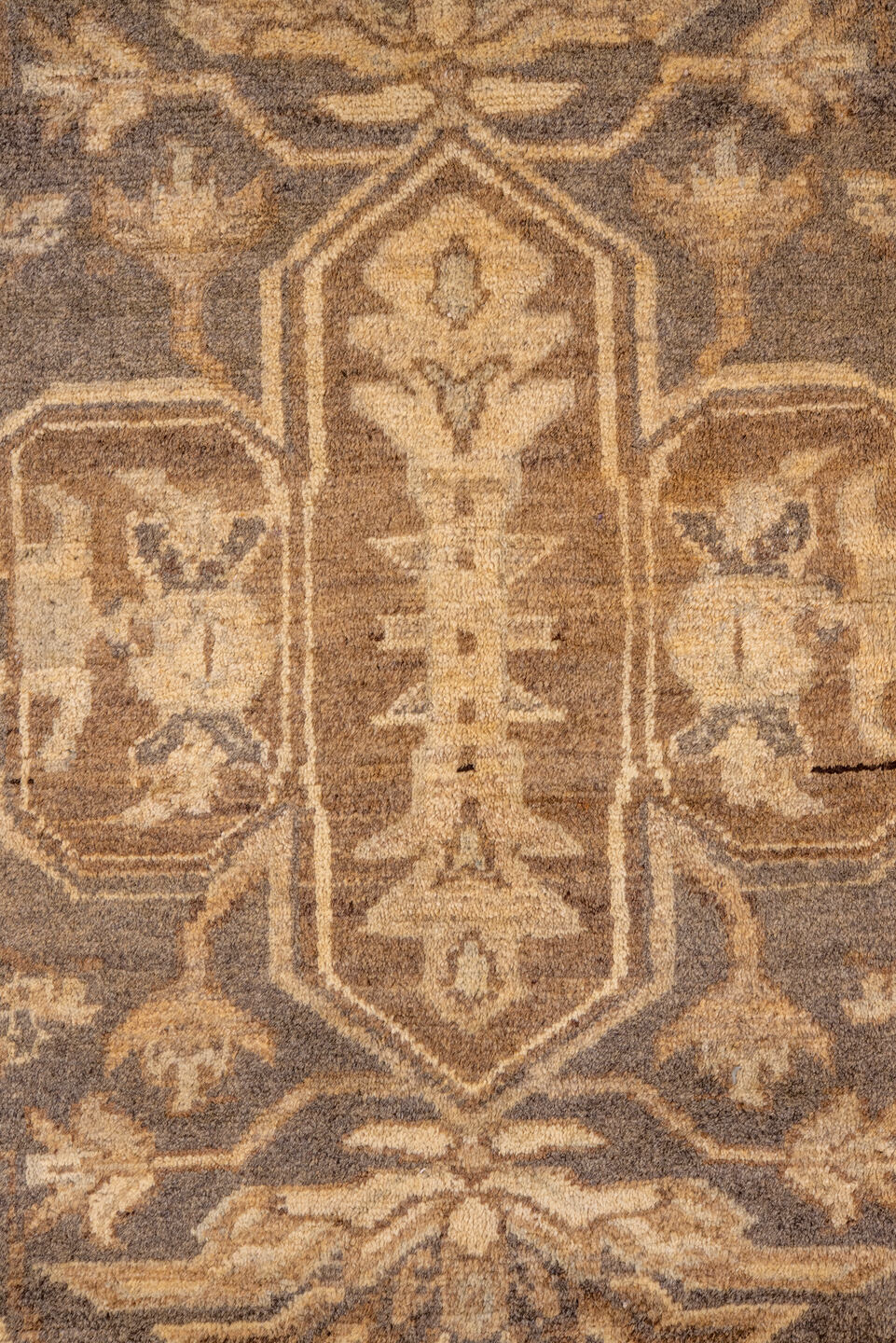 7' x 10' one-of-a-kind handmade vintage Oushak large size rug. Color palette: camel, taupe, brown, ivory, beige, gray