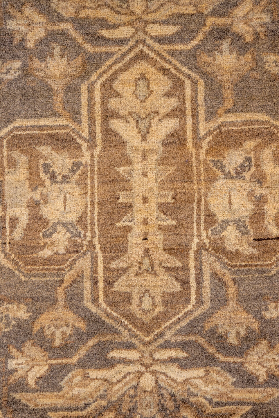 7' x 10' one-of-a-kind handmade vintage Oushak large size rug. Color palette: camel, taupe, brown, ivory, beige, gray