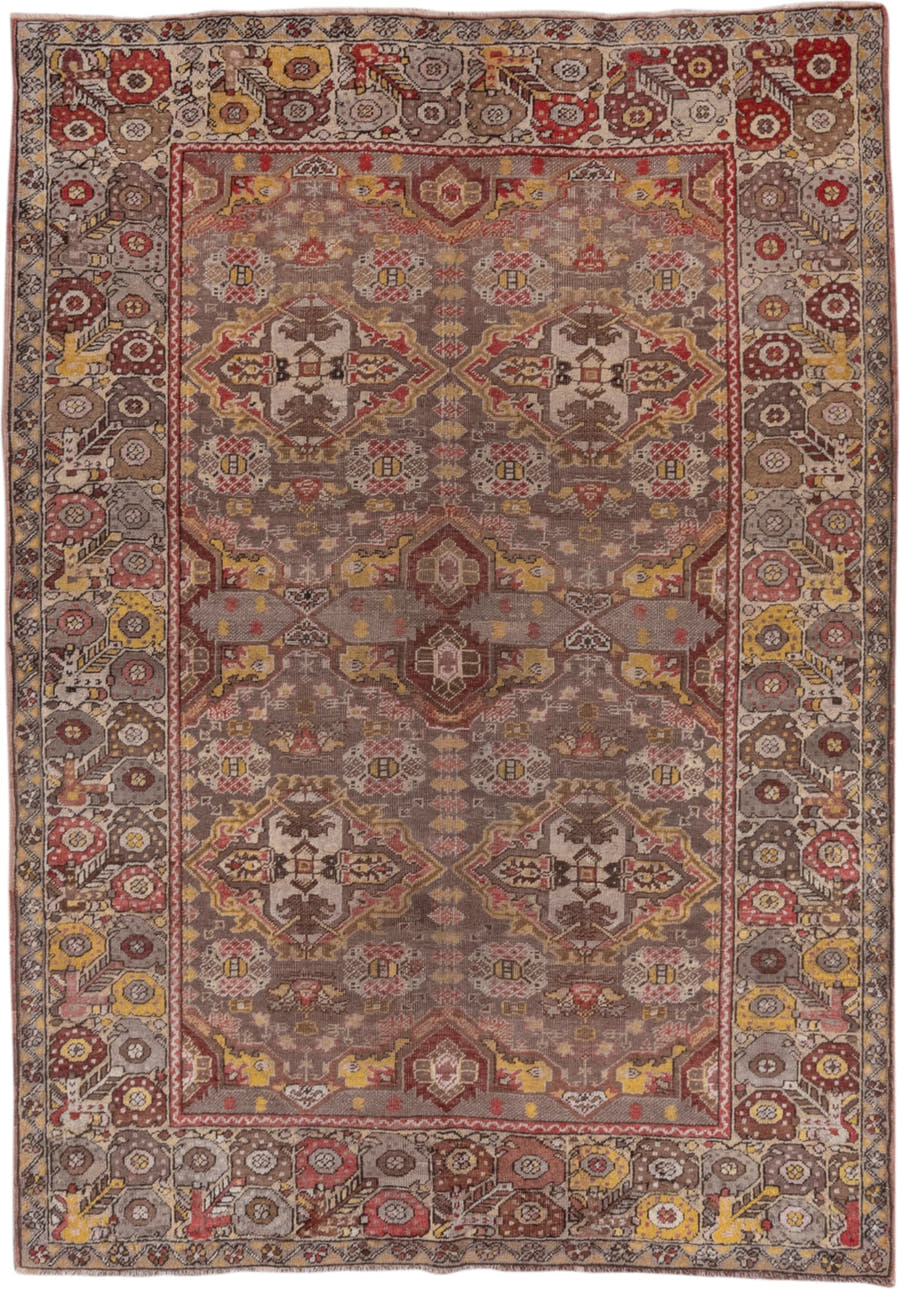 4' x 6' one-of-a-kind handmade vintage Oushak small size rug. Color palette: taupe, rust, ivory, gold, brown, rose, camel