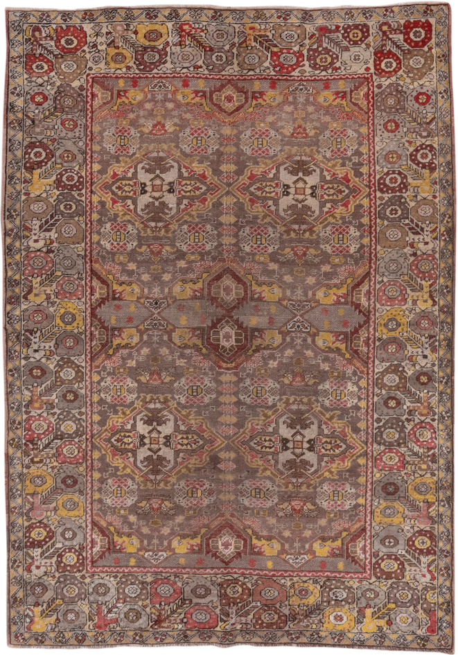 4' x 6' one-of-a-kind handmade vintage Oushak small size rug. Color palette: taupe, rust, ivory, gold, brown, rose, camel