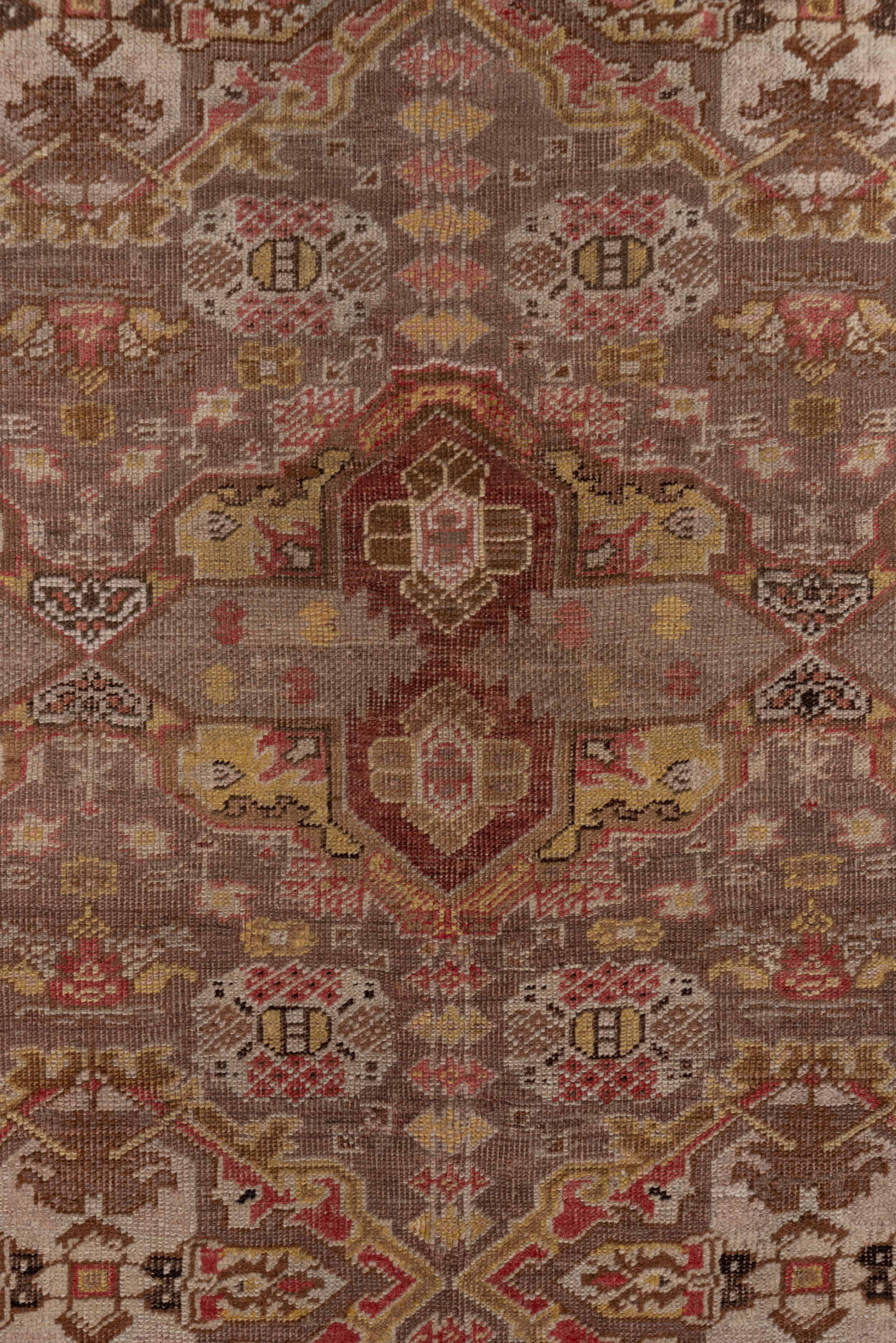 4' x 6' one-of-a-kind handmade vintage Oushak small size rug. Color palette: taupe, rust, ivory, gold, brown, rose, camel