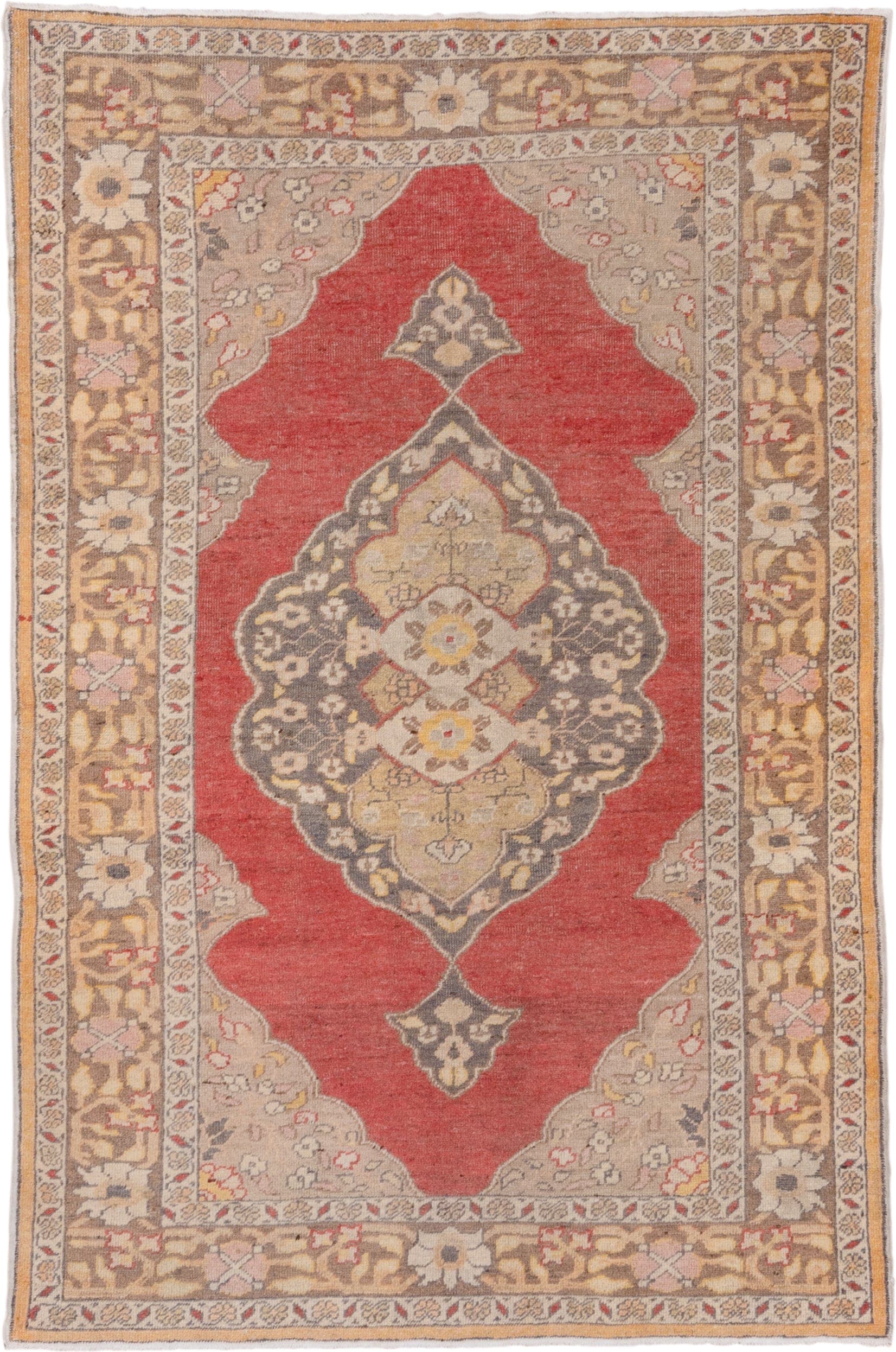4' x 6' one-of-a-kind handmade vintage Oushak small size rug. Color palette: coral, taupe, ivory, gold, charcoal, camel