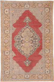 4' x 6' one-of-a-kind handmade vintage Oushak small size rug. Color palette: coral, taupe, ivory, gold, charcoal, camel