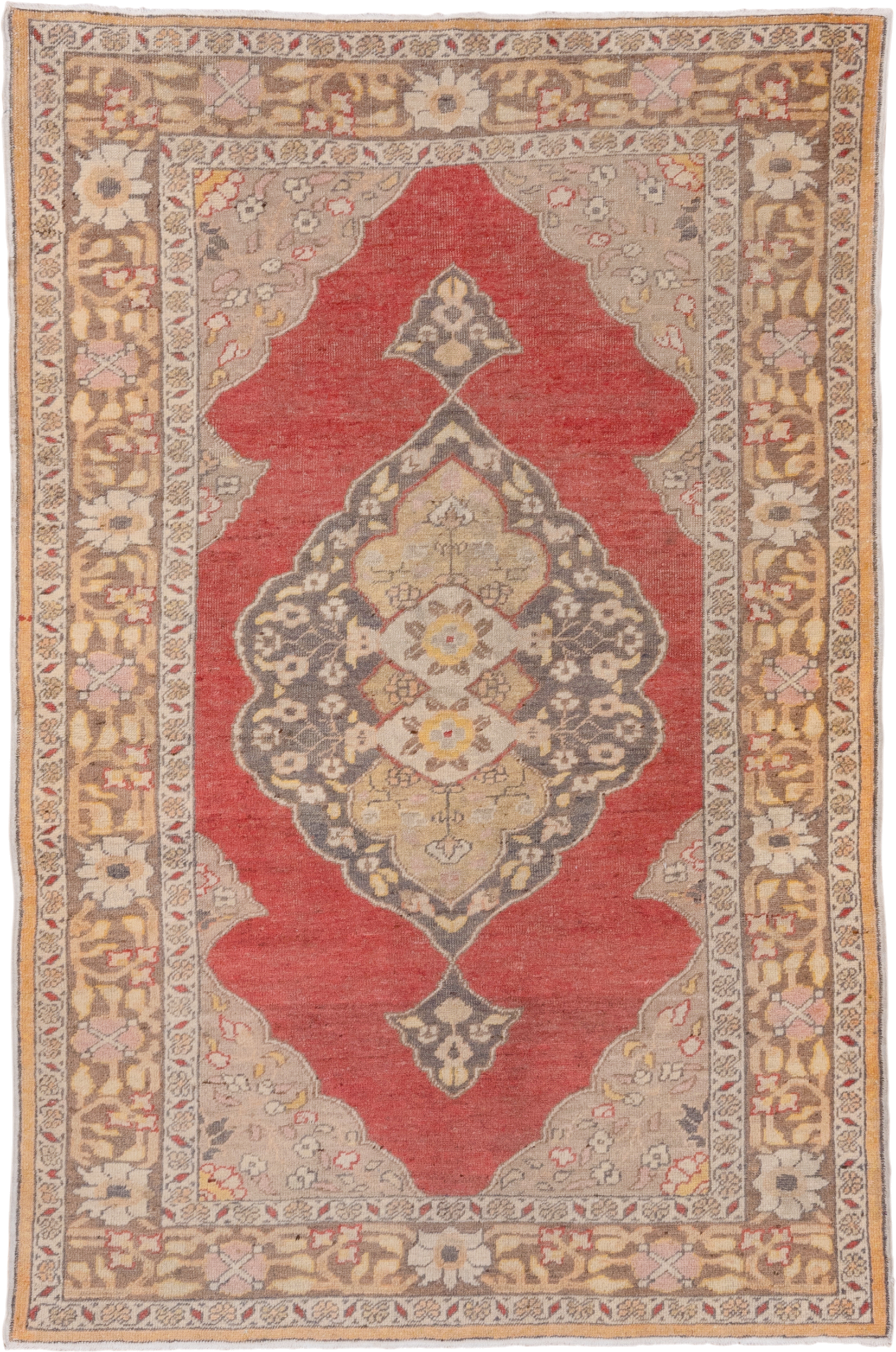 4' x 6' one-of-a-kind handmade vintage Oushak small size rug. Color palette: coral, taupe, ivory, gold, charcoal, camel