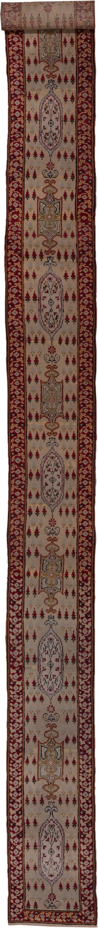 1' x 18' one-of-a-kind handmade vintage Oushak rug. Color palette: ivory, crimson, burgundy, taupe, brown, gold, red, beige