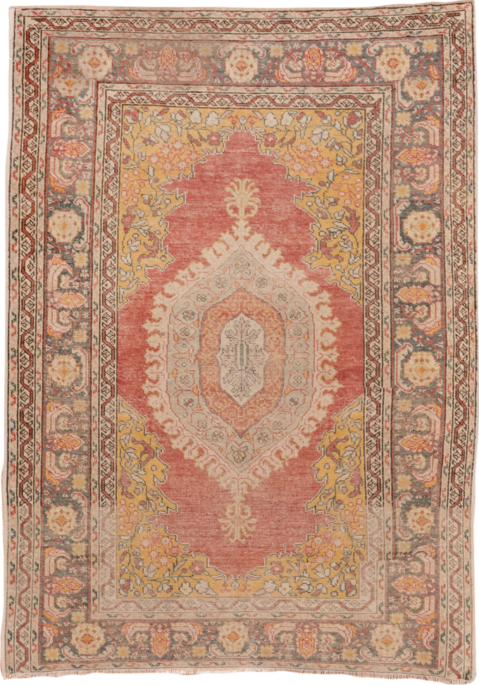 3' x 5' one-of-a-kind handmade vintage Oushak small size rug. Color palette: coral, gold, ivory, blue_gray, taupe, rose