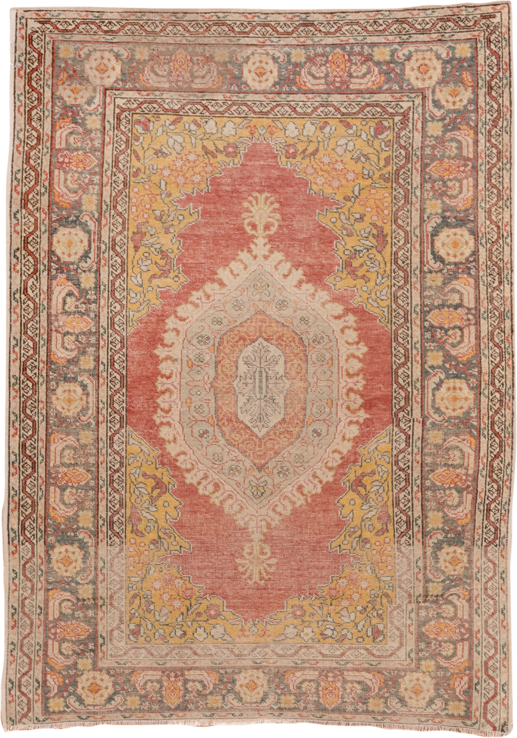 3' x 5' one-of-a-kind handmade vintage Oushak small size rug. Color palette: coral, gold, ivory, blue_gray, taupe, rose