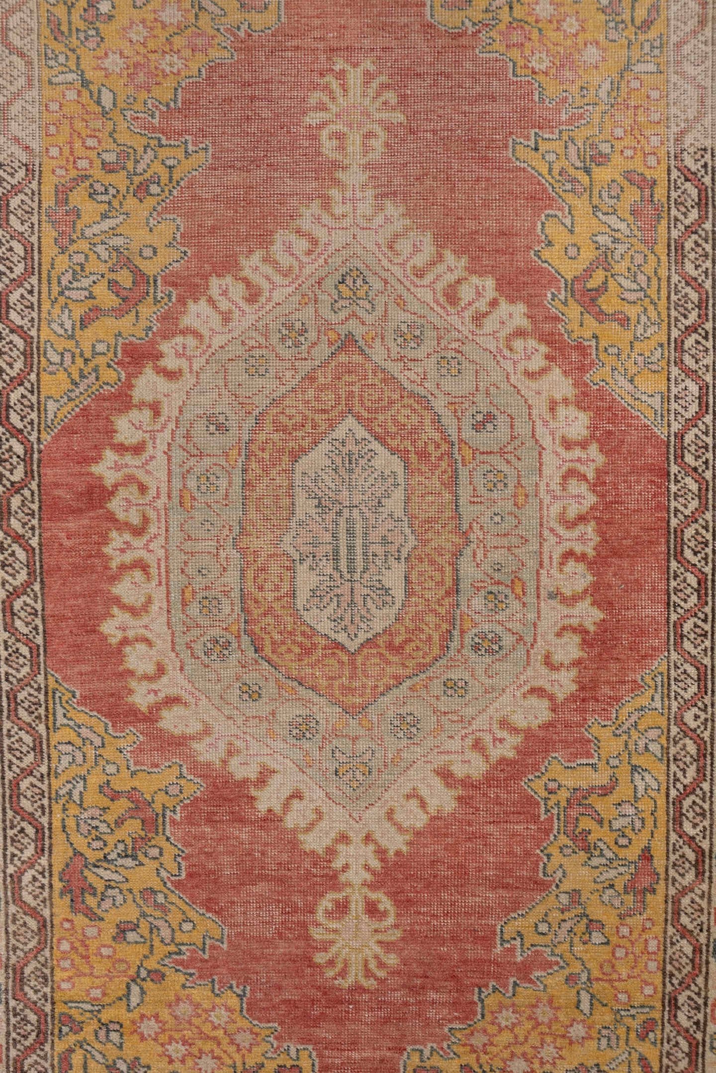 3' x 5' one-of-a-kind handmade vintage Oushak small size rug. Color palette: coral, gold, ivory, blue_gray, taupe, rose