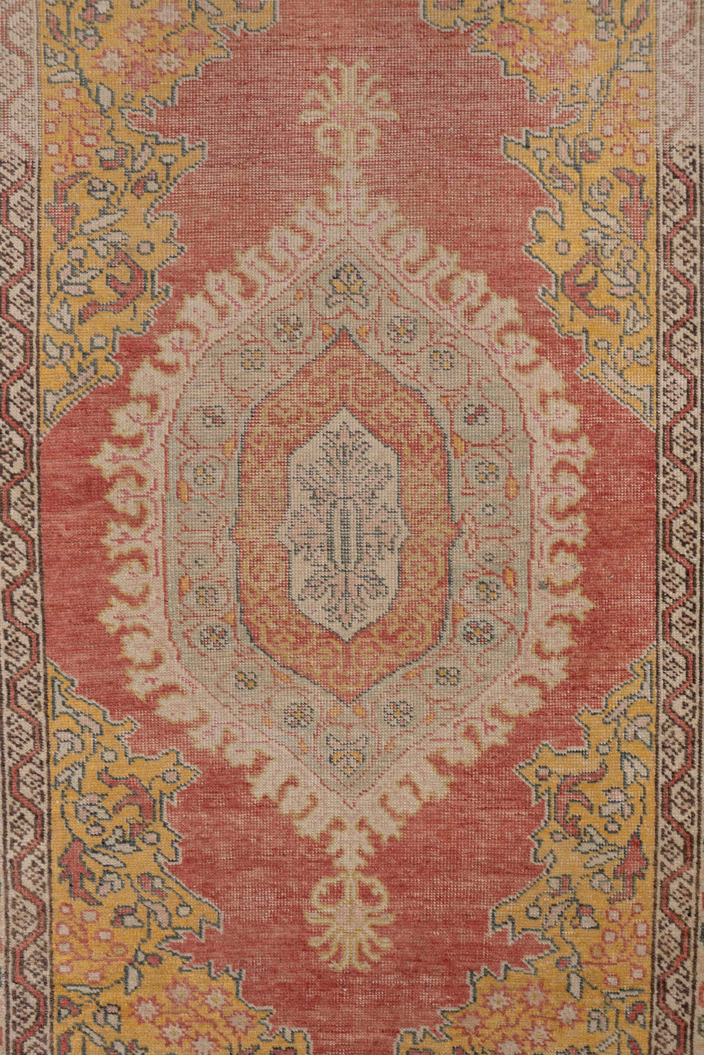 3' x 5' one-of-a-kind handmade vintage Oushak small size rug. Color palette: coral, gold, ivory, blue_gray, taupe, rose