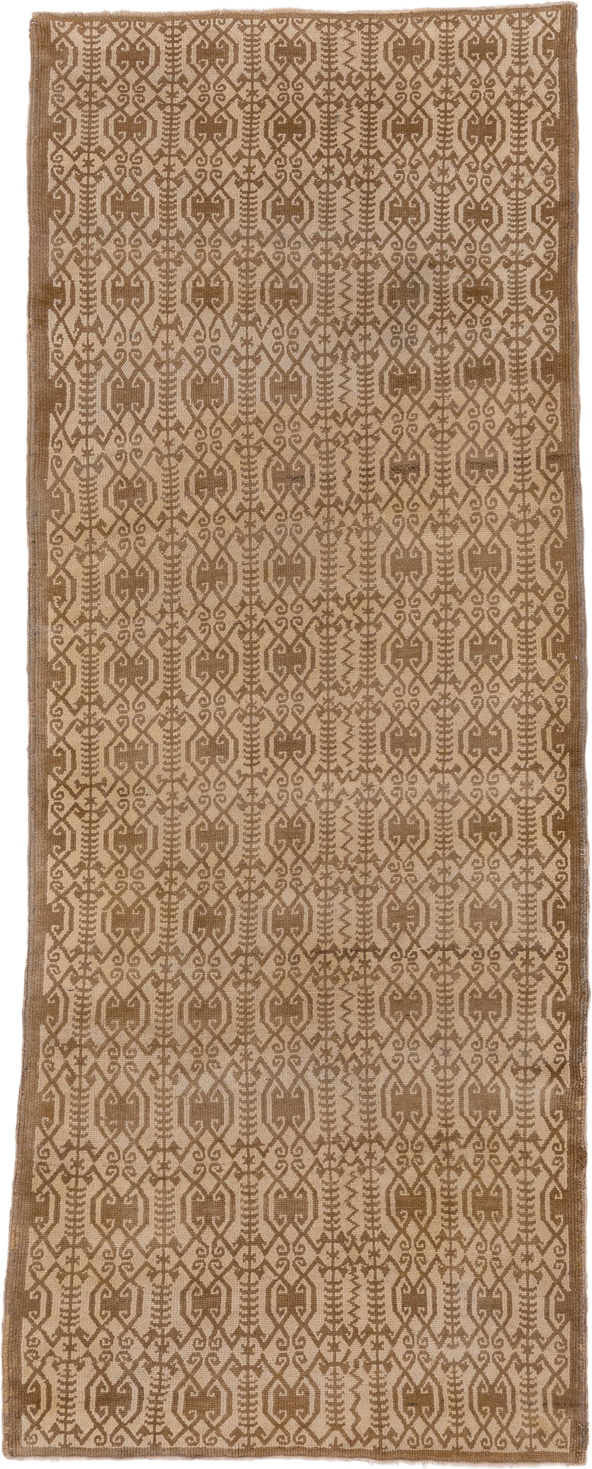 3' x 9' one-of-a-kind handmade vintage Oushak runner rug. Color palette: camel, beige, taupe, sand, gray