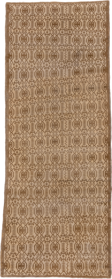 3' x 9' one-of-a-kind handmade vintage Oushak runner rug. Color palette: camel, beige, taupe, sand, gray