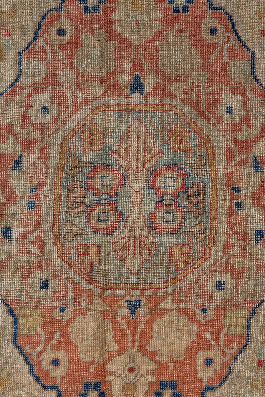 5' x 9' one-of-a-kind handmade vintage Oushak medium size rug. Color palette: ivory, navy, coral, beige, rose, gold, blue