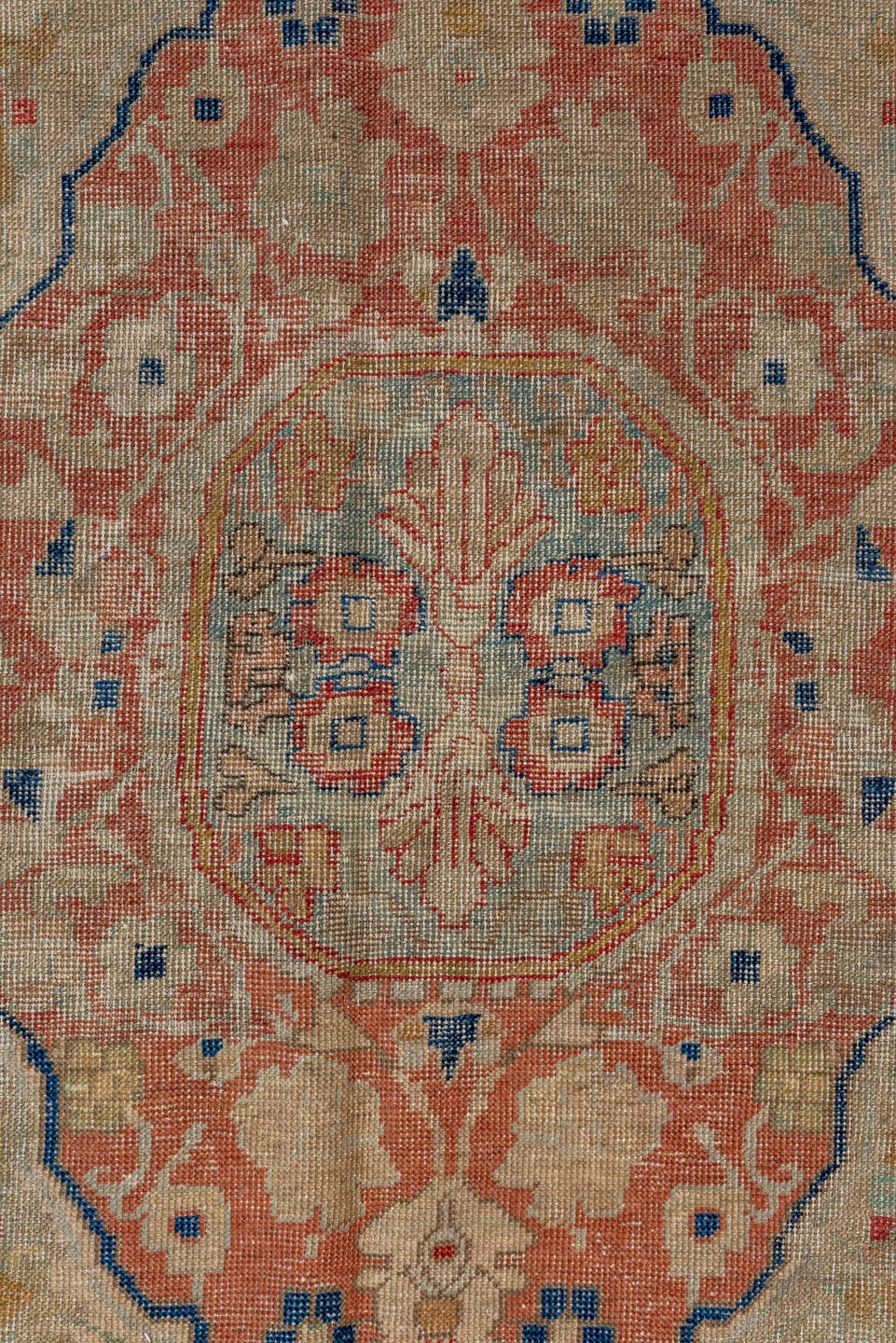 5' x 9' one-of-a-kind handmade vintage Oushak medium size rug. Color palette: ivory, navy, coral, beige, rose, gold, blue