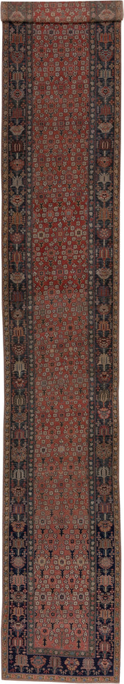 3' x 19' one-of-a-kind handmade vintage Shirvan runner rug. Color palette: rust, navy, ivory, camel, terracotta, charcoal