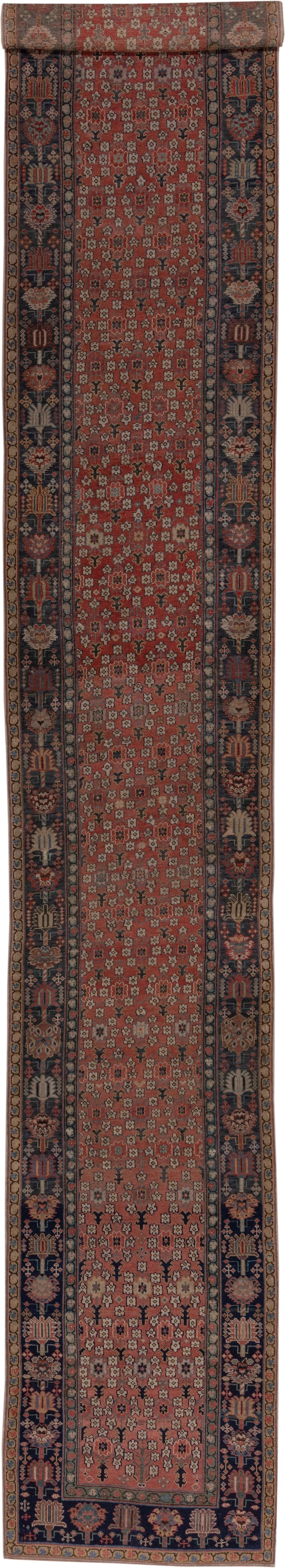 3' x 19' one-of-a-kind handmade vintage Shirvan runner rug. Color palette: rust, navy, ivory, camel, terracotta, charcoal