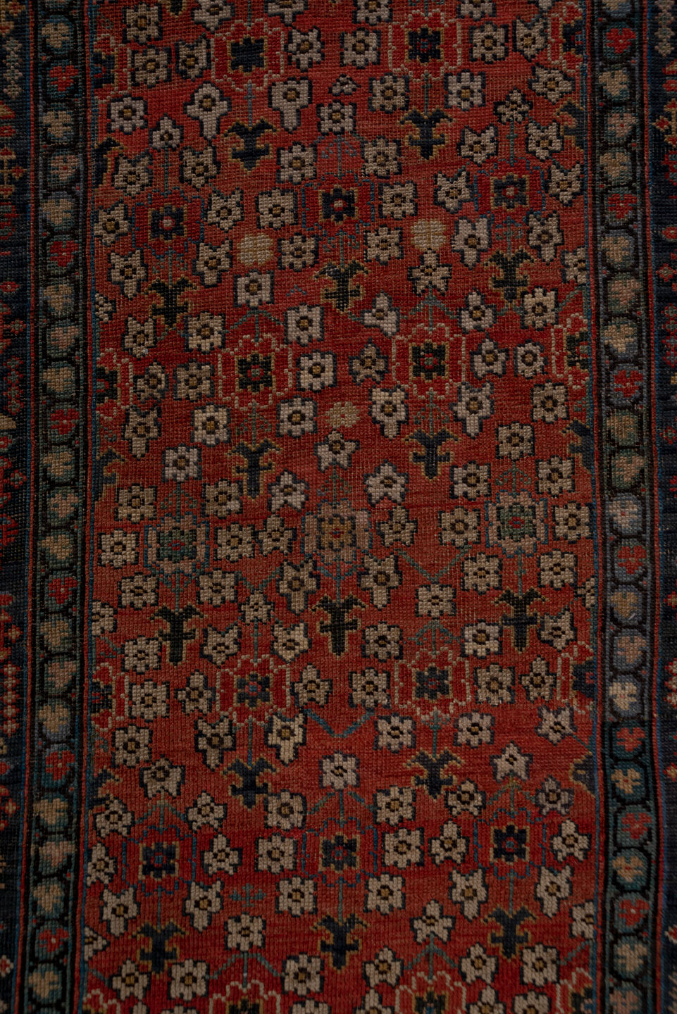 3' x 19' one-of-a-kind handmade vintage Shirvan runner rug. Color palette: rust, navy, ivory, camel, terracotta, charcoal
