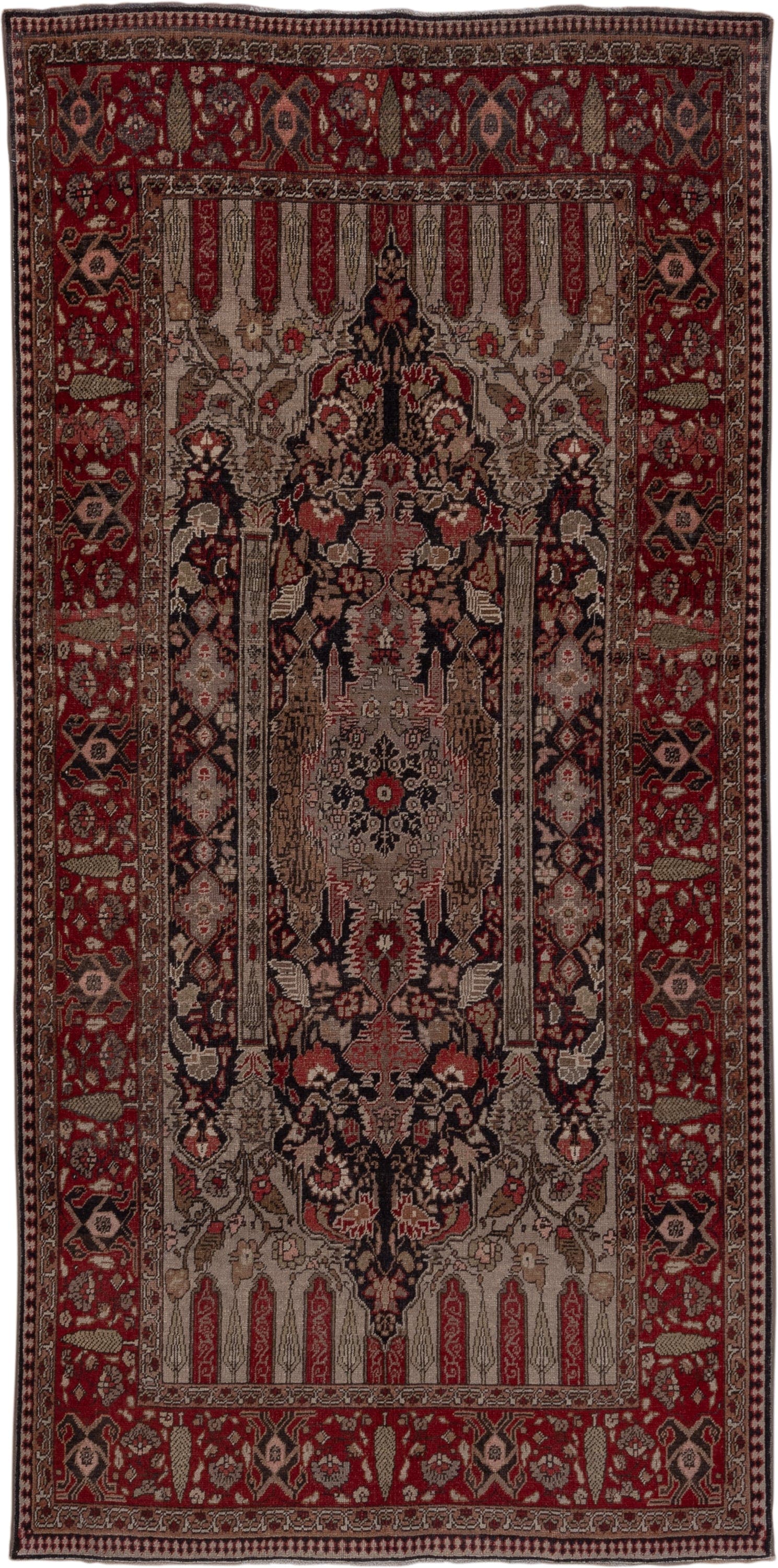 5' x 10' one-of-a-kind handmade vintage Oushak medium size rug. Color palette: red, ivory, charcoal, taupe, rose, burgundy