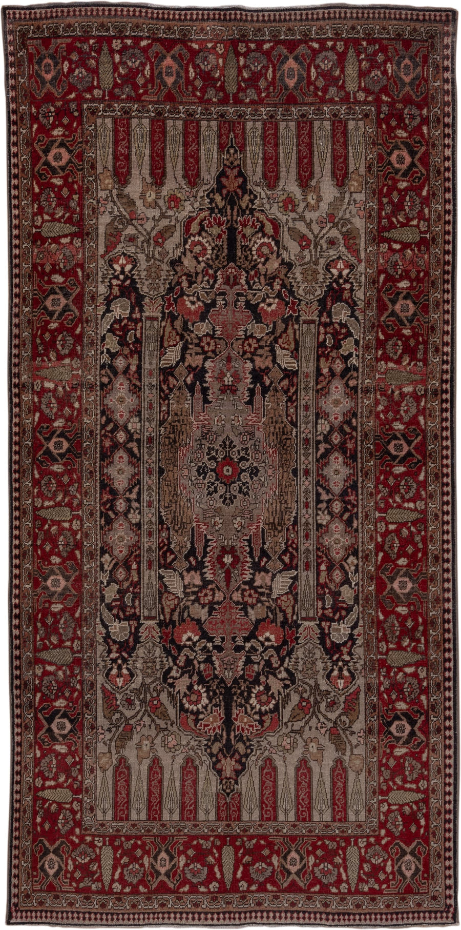 5' x 10' one-of-a-kind handmade vintage Oushak medium size rug. Color palette: red, ivory, charcoal, taupe, rose, burgundy